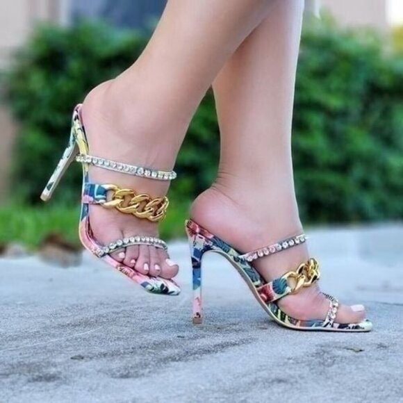 Women's Strappy Slip On High Heels Sandals Print Color - Picture 2 of 5